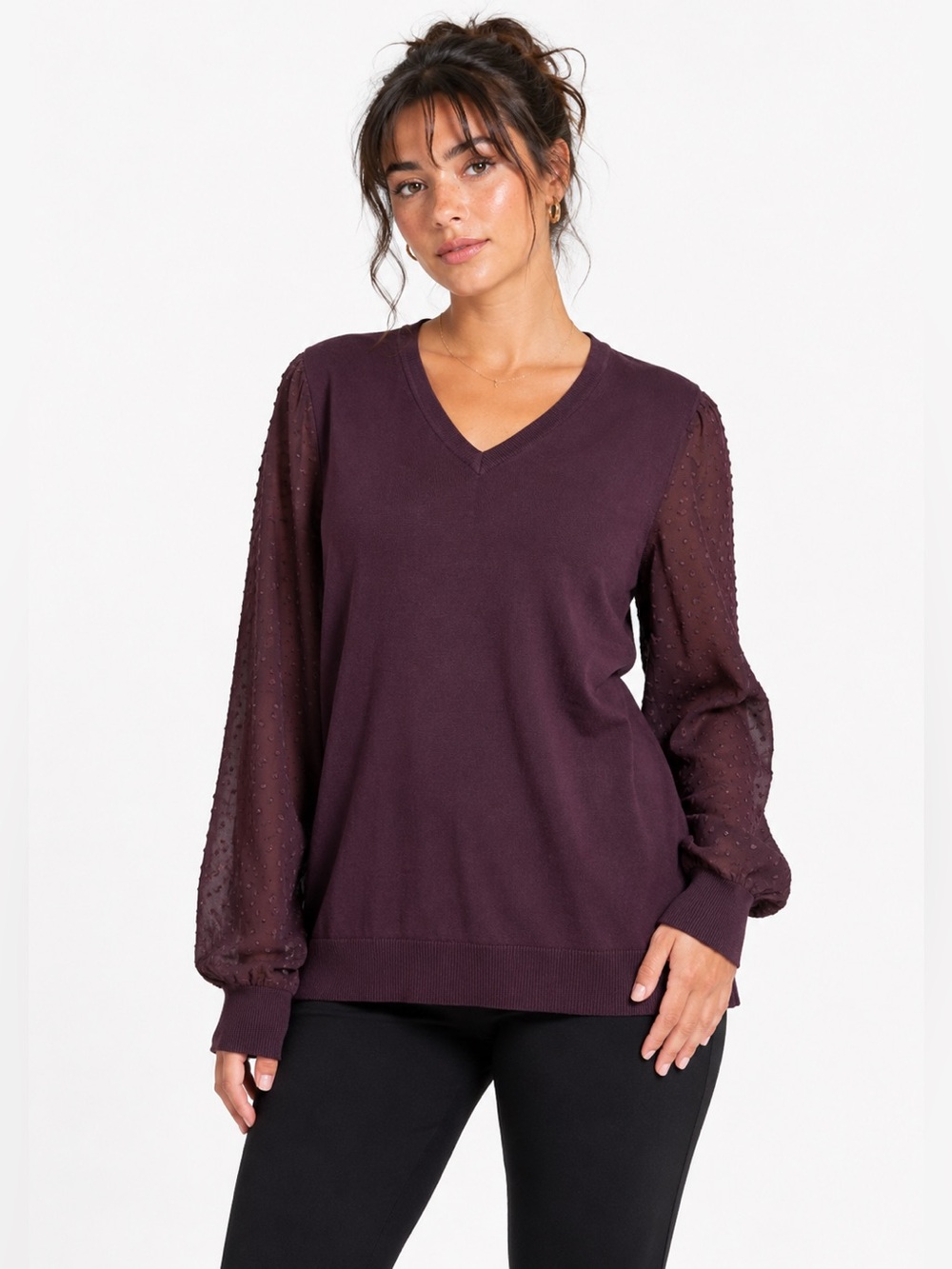 NWT Adrianna Papell Knit V Neck Lightweight Sweater Blouse (Plum) Size Large